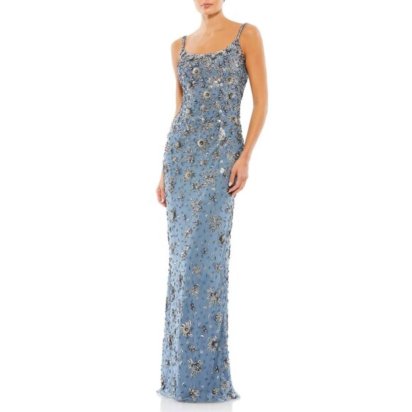 $598 Mac Duggal Size 4 Slate Blue Silver Floral Embellished Long Maxi Dress Gown - Picture 3 of 6